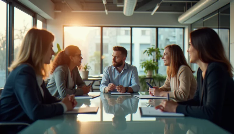 Équipe de direction en réunion dans un espace de travail moderne, illustrant la corporate sanskriti et la culture d'entreprise collaborative