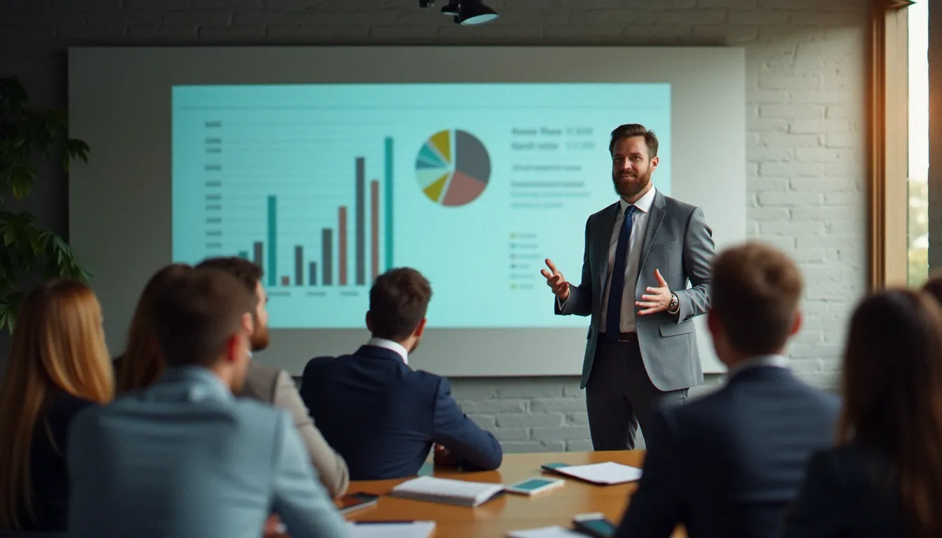 Dirigeant présentant la vision stratégique de l'entreprise à son équipe dans un espace de travail ouvert, incarnant les piliers d'une culture corporate forte