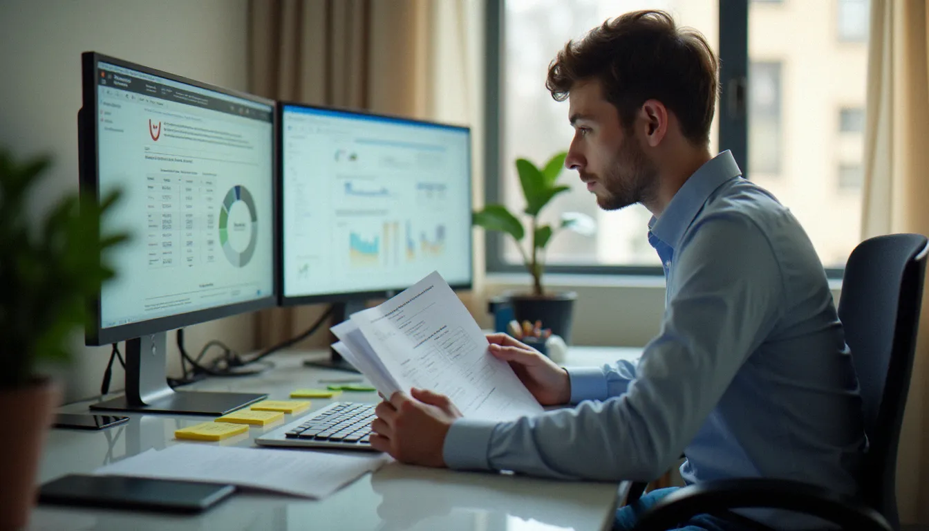 Responsable RH analysant les indicateurs de mesure de la culture d'entreprise sur des tableaux de bord numériques, dans le cadre d'un audit de corporate sanskriti