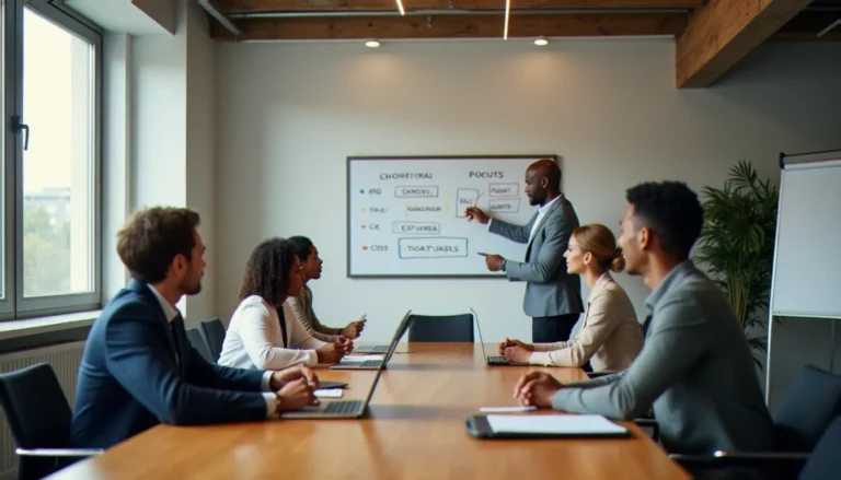 Équipe multiculturelle en réunion stratégique dans un bureau moderne, illustrant la construction d'une corporate sanskriti kya hai collective et engagée