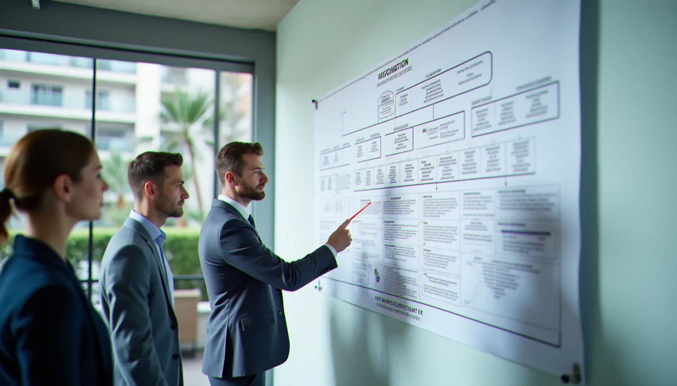 Consultant présentant la structure organisationnelle d'une corporate sanstha sur un organigramme mural