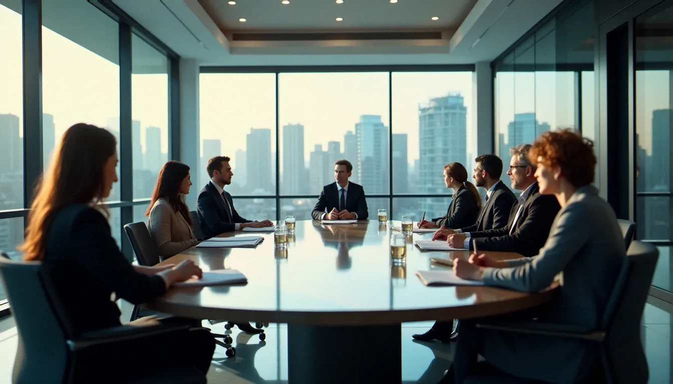 Réunion de gouvernance d'une corporate sanstha avec des dirigeants autour d'une table de conférence moderne