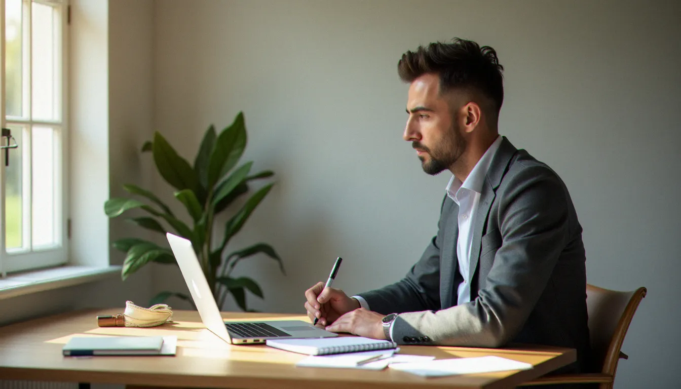 Dirigeant de PME analysant les indicateurs de performance de sa stratégie de corporate signification dans un bureau épuré et lumineux
