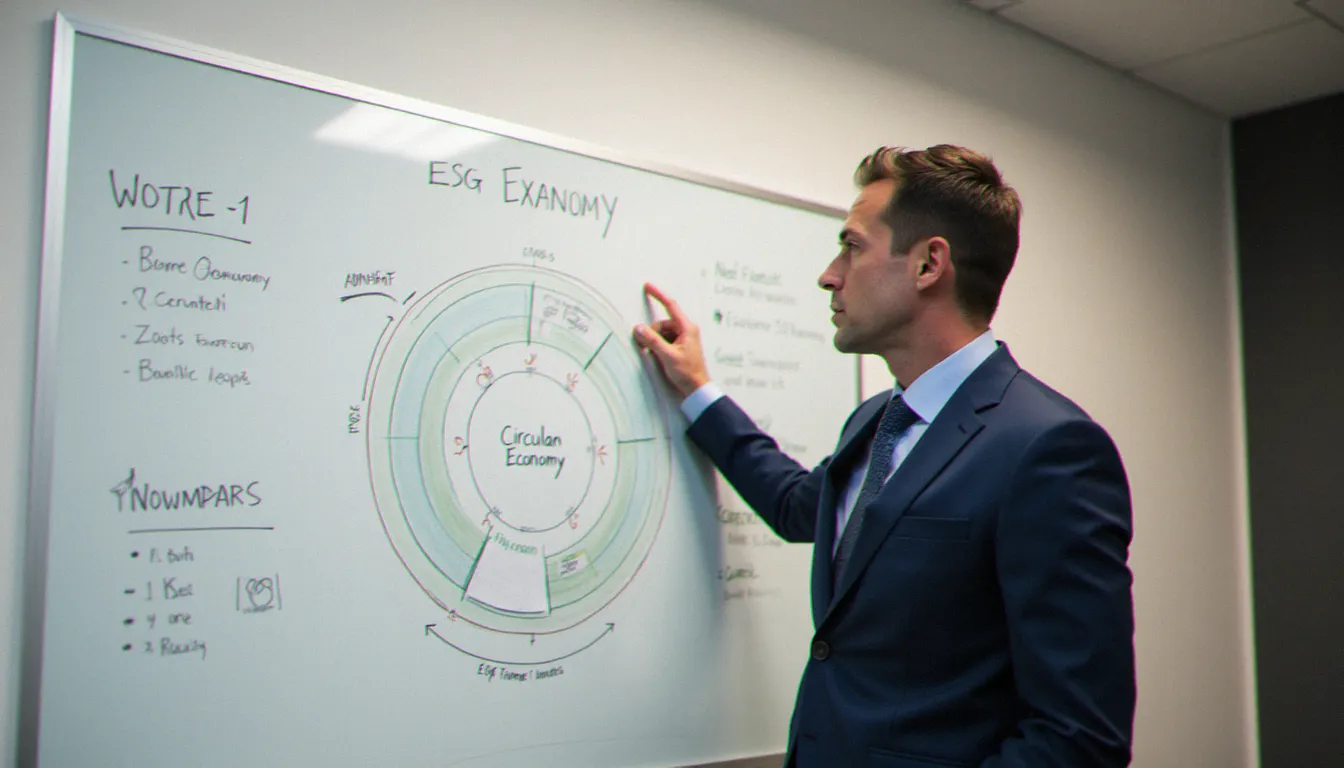 Dirigeant d'entreprise présentant une stratégie RSE et des indicateurs ESG devant un tableau blanc dans une salle de réunion professionnelle