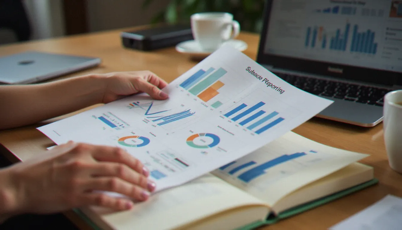 Deux collaborateurs examinant des documents de reporting RSE avec des graphiques de performance environnementale et sociale sur un bureau professionnel