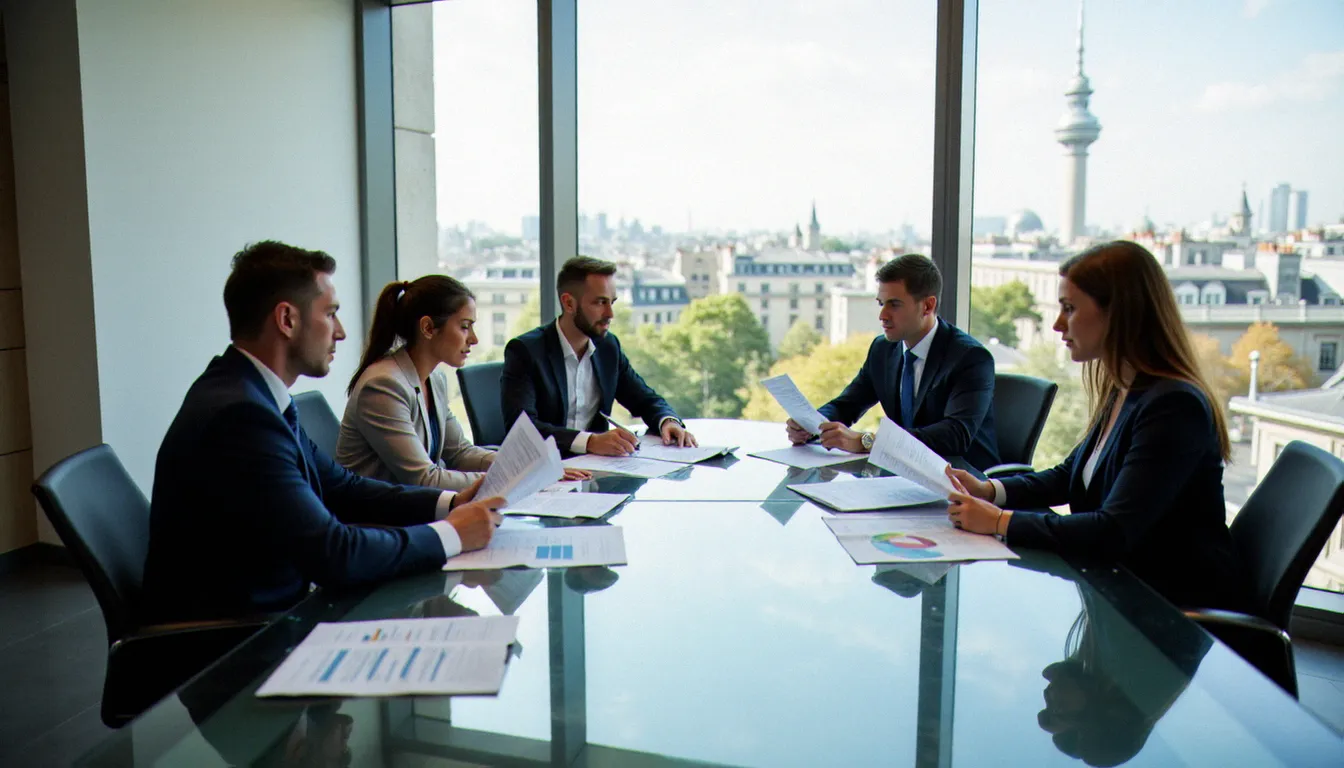 Équipe de professionnels en réunion d'entreprise analysant des rapports de corporate social responsibility dans une salle de conférence moderne avec vue sur la ville