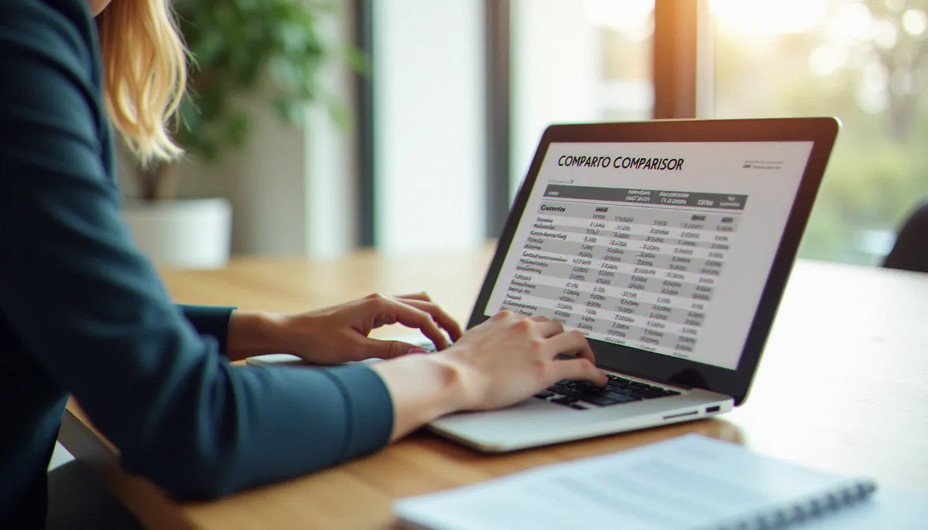 Analyste financière comparant des données fiscales par pays sur ordinateur portable et document imprimé pour exploiter un guide fiscal international