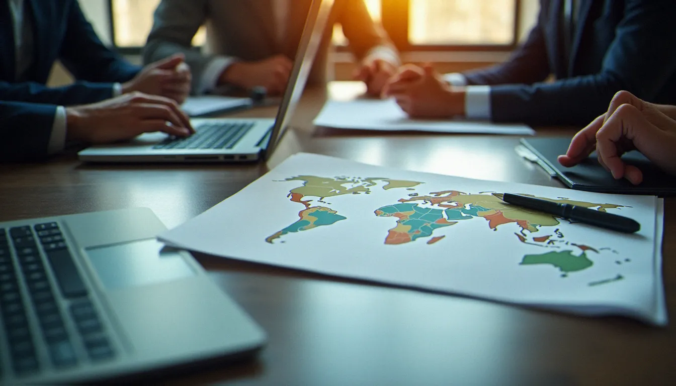 Équipe de direction analysant des documents de conformité fiscale internationale lors d'une réunion stratégique