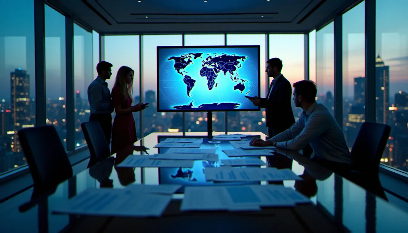 Équipe de direction en séance de planification stratégique fiscale internationale autour d'une cartographie mondiale des juridictions fiscales