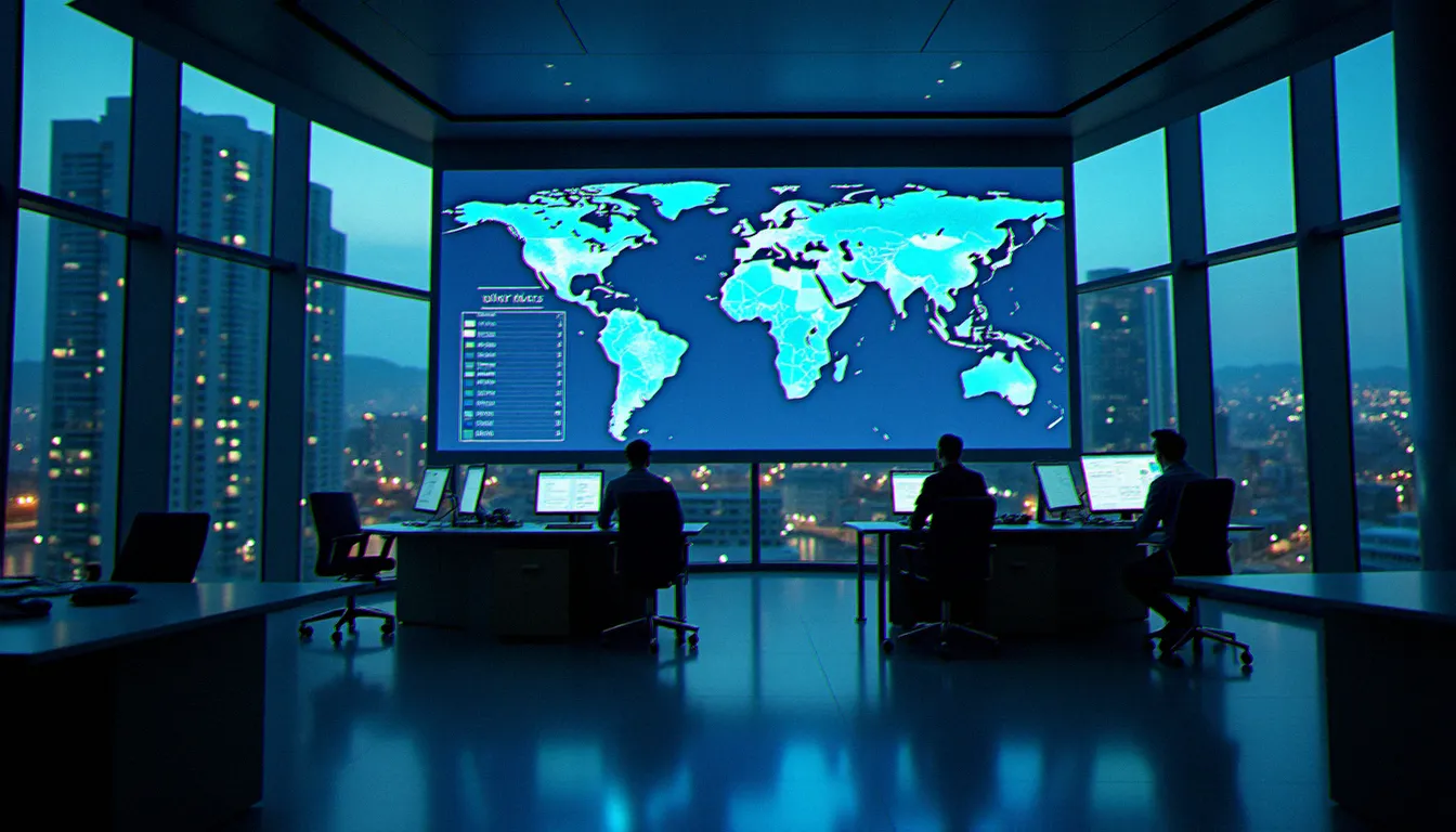 Département financier moderne avec tableaux de bord fiscaux affichant les tendances mondiales d'imposition des sociétés