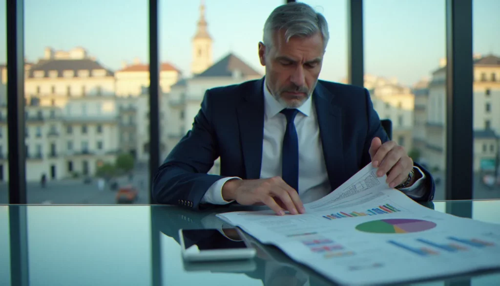 Consultant financier senior analysant un corporate tax guide EY dans un bureau moderne avec vue sur Paris