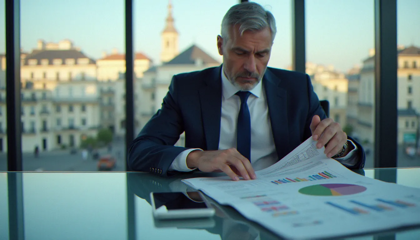 Consultant financier senior analysant un corporate tax guide EY dans un bureau moderne avec vue sur Paris