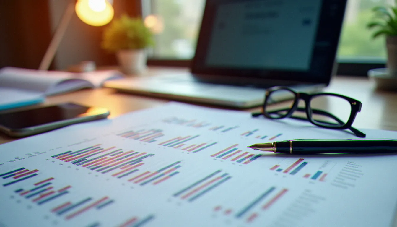 Bureau d'un traducteur professionnel avec rapport annuel en cours de traduction corporate vers l'anglais