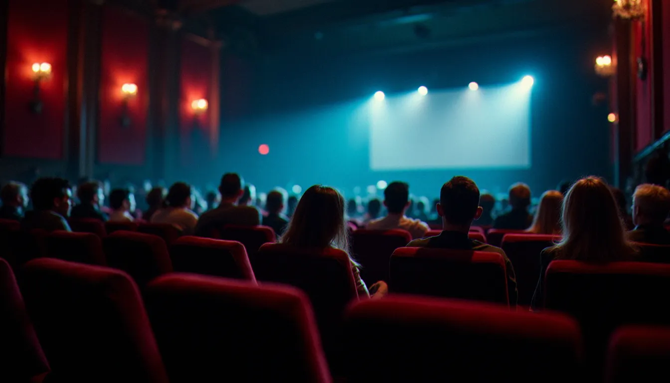 Intérieur d'une salle de cinéma française avec rangées de fauteuils en velours rouge et public attentif lors d'une projection, représentatif des œuvres marquantes de 2017
