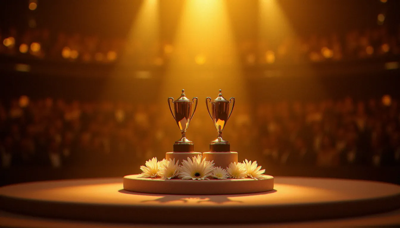 Scène de cérémonie cinématographique française avec trophées sur estrade illuminée en or, évoquant les distinctions majeures décernées aux films français sortis en 2017 lors des Césars 2018