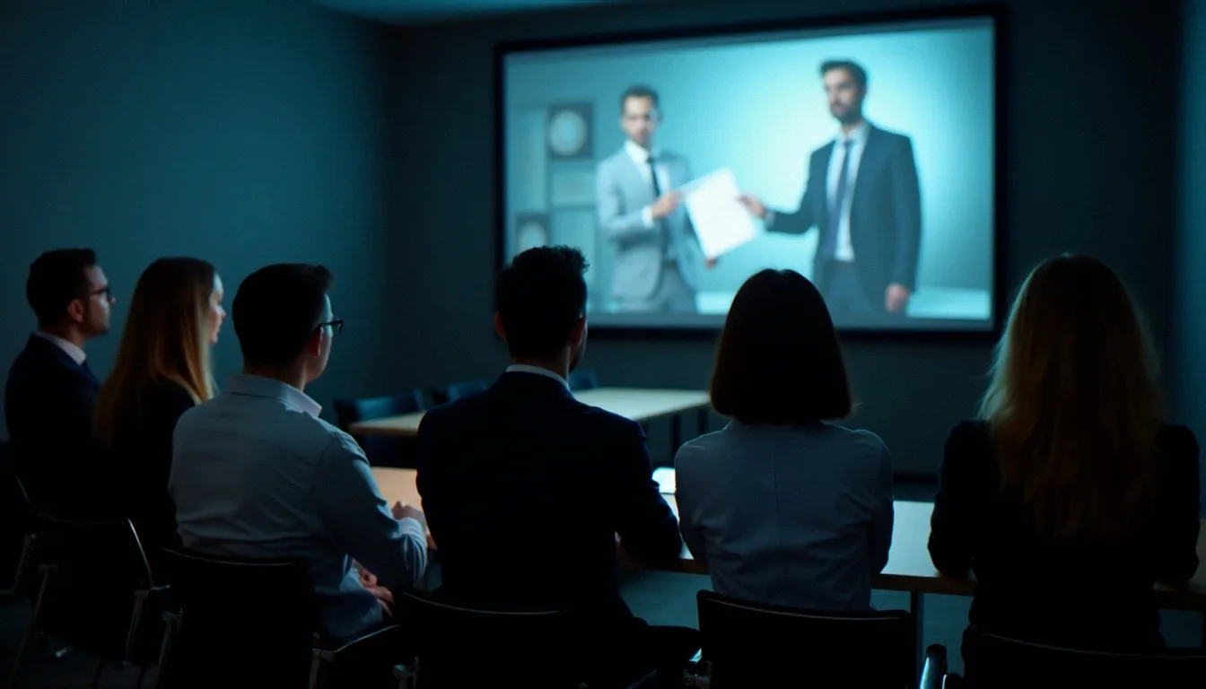 Groupe de salariés et managers regardant un film sur le harcèlement au travail lors d'une séance de sensibilisation en entreprise dans une salle de conférence