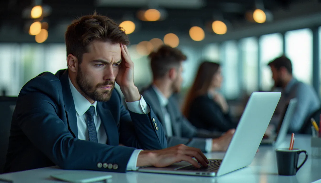 Salarié épuisé et psychologiquement isolé à son bureau, illustrant les conséquences du harcèlement au travail telles que représentées dans les films sur ce sujet