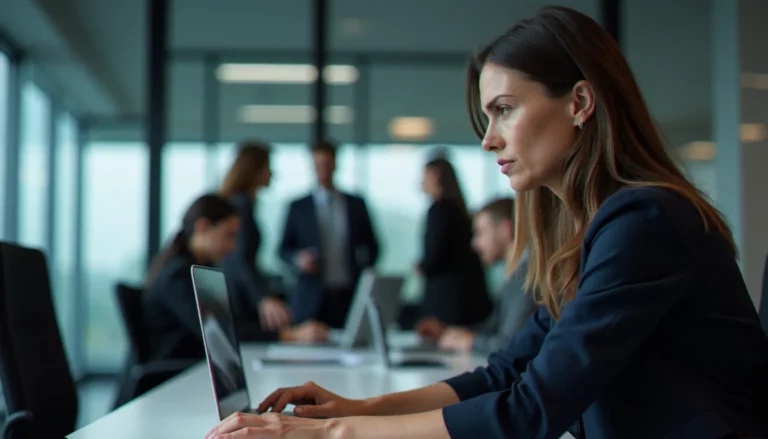 Scène d'isolement d'une salariée dans un open space corporate, illustrant le harcèlement au travail tel que dépeint dans un film sur le harcèlement au travail