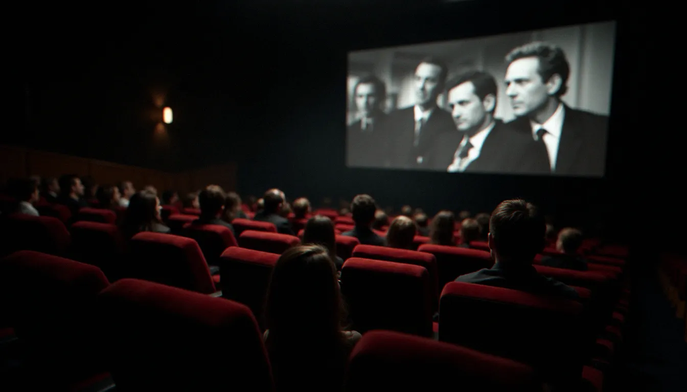 Salle de cinéma indépendant avec un public de professionnels assistant à la projection d'un film social français sur le monde du travail