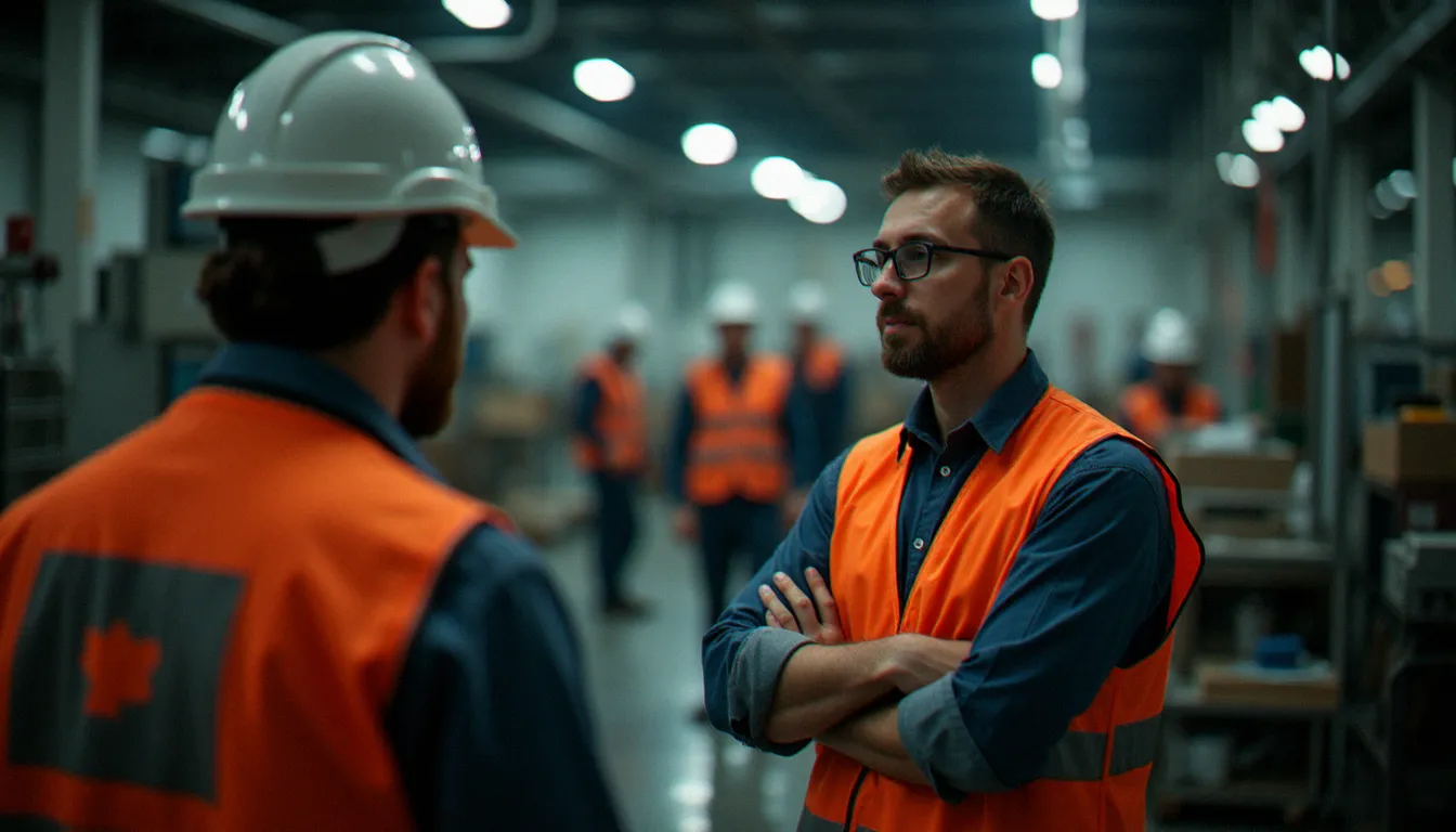 Dialogue entre un manager et des ouvriers sur le plancher d'une usine française, scène caractéristique du cinéma social européen sur le monde du travail