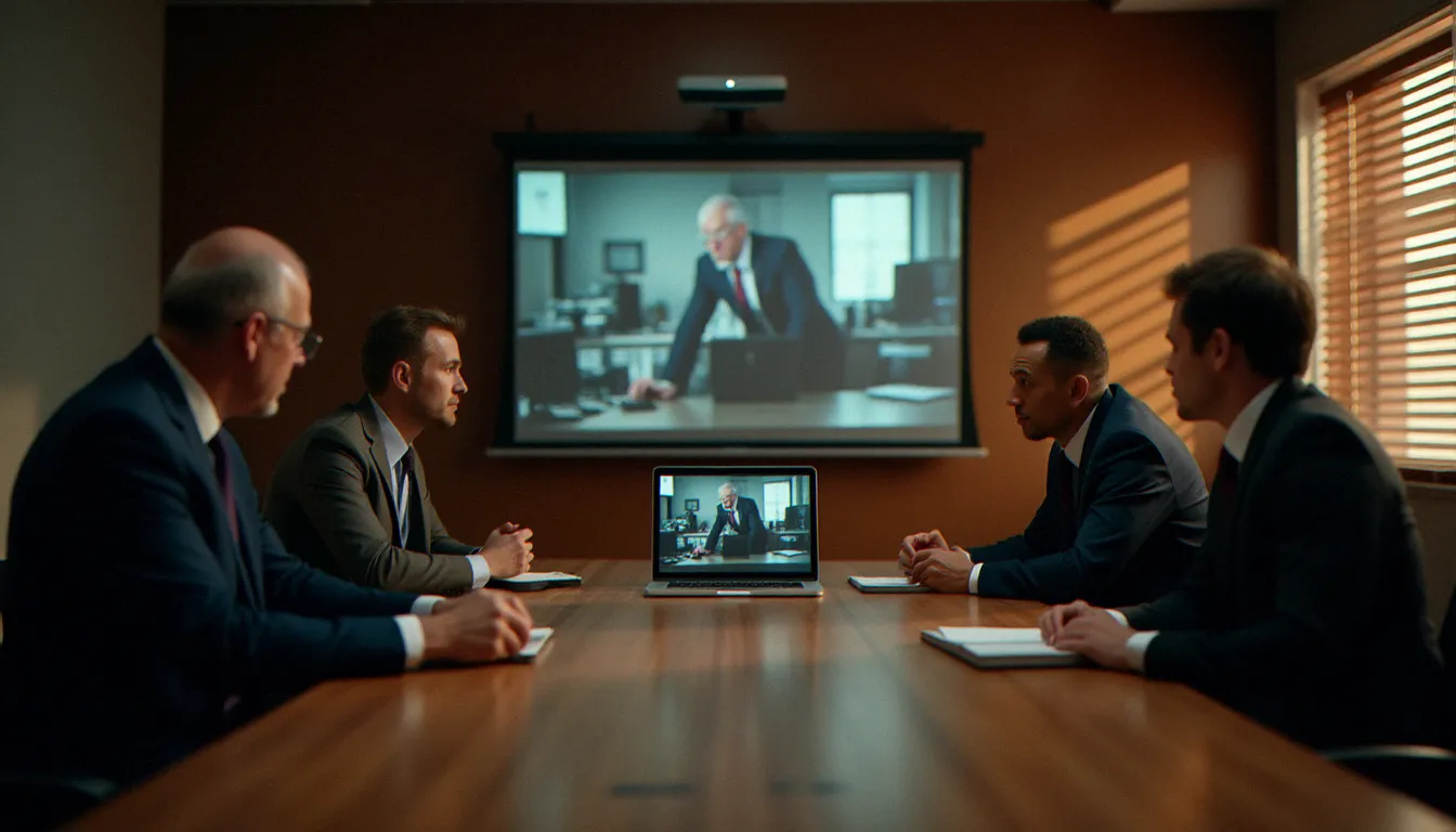 Salle de réunion d'entreprise où des managers analysent une scène d'un film sur le monde du travail dans le cadre d'une formation au management