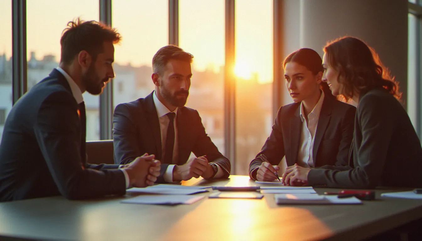 Trois professionnels en réunion stratégique dans un bureau parisien moderne, illustrant les dynamiques du monde du travail contemporain telles que représentées dans les films du genre