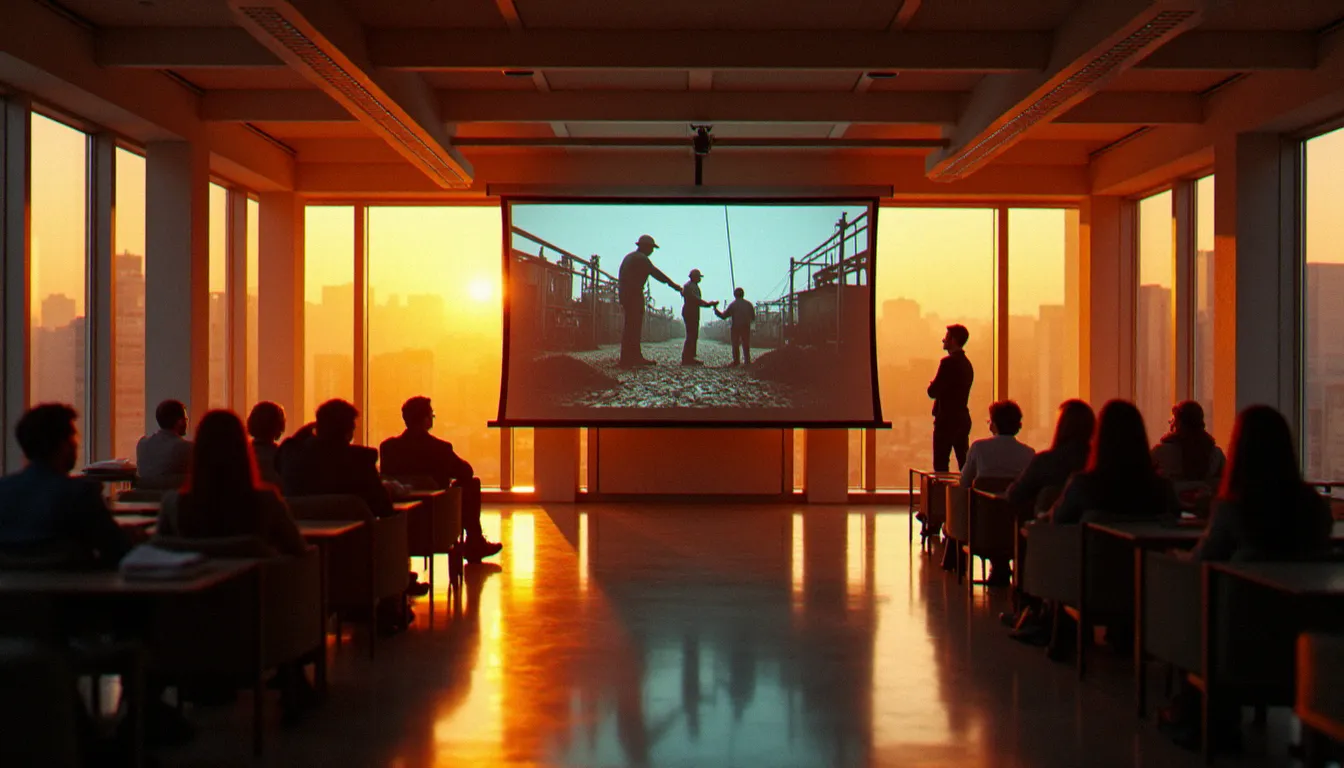 Groupe de collaborateurs en entreprise regardant ensemble un film sur le monde du travail projeté sur grand écran dans un open space moderne