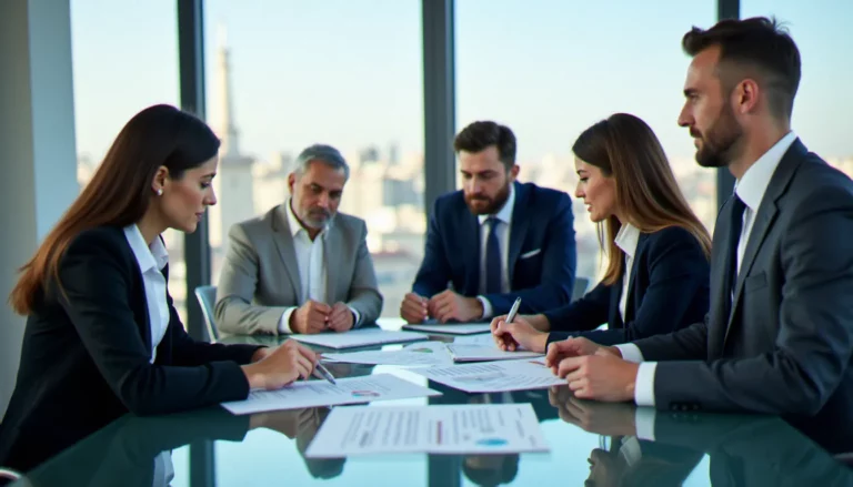 Réunion stratégique d'équipe dirigeante autour d'une table en verre pour analyser une politique de group prix import SA dans un bureau parisien moderne
