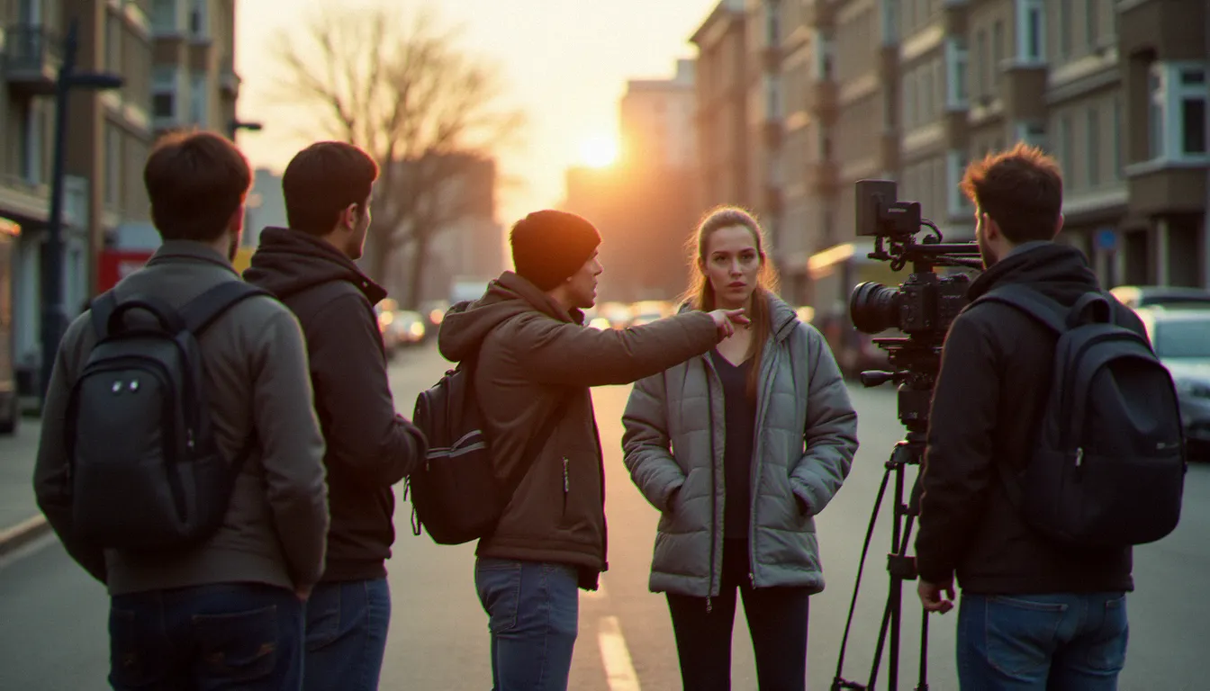 Une équipe de tournage indépendante prépare une scène en extérieur pour un premier long métrage, illustrant les conditions de production des films de 2017