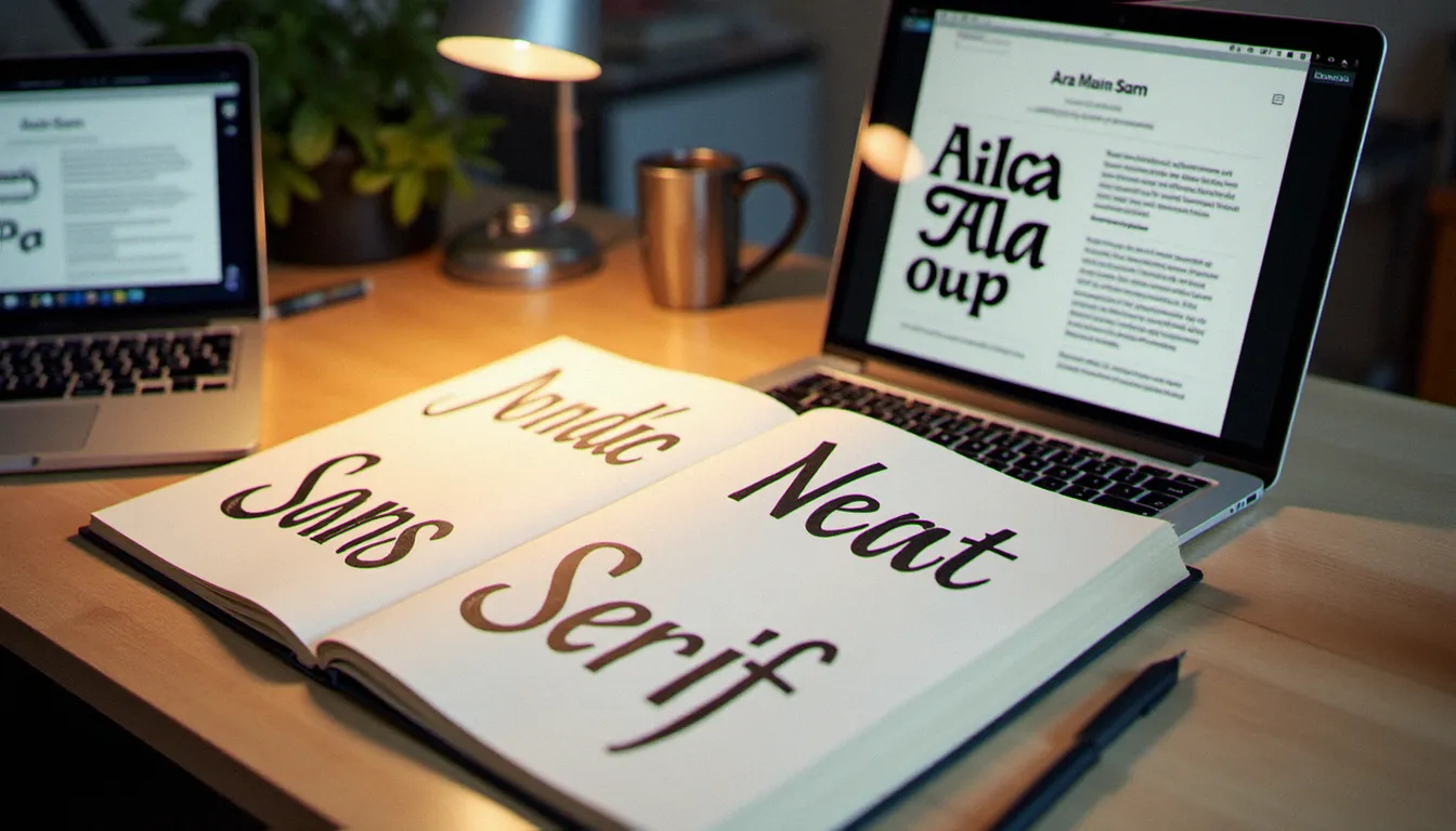 Bureau d'un graphiste avec des études comparatives de polices serif et sans serif corporate, carnet de notes ouvert et écran de sélection typographique visible