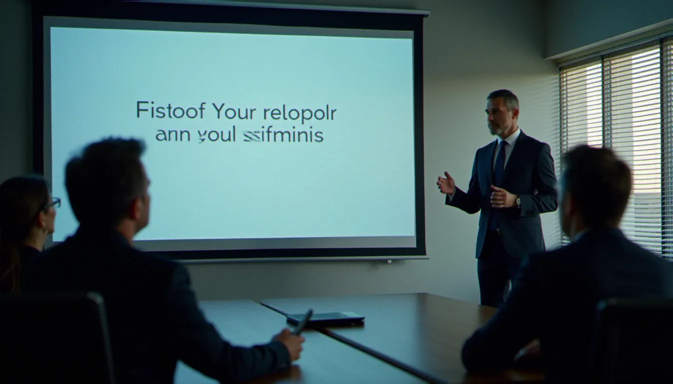 Présentation corporate en salle de réunion avec des slides utilisant une typographie sans serif corporate projetée sur grand écran devant un public de dirigeants attentifs