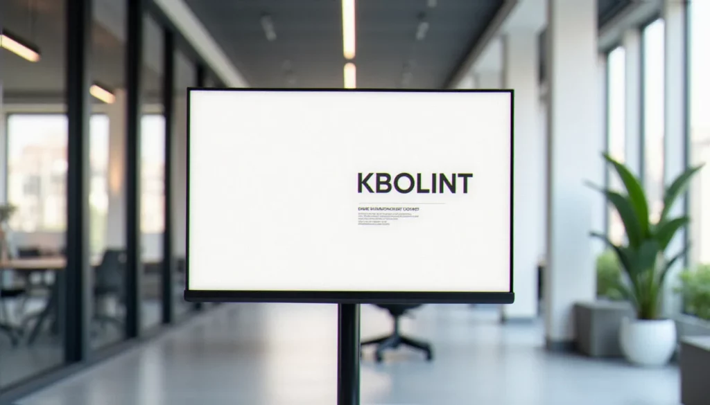 Écran d'ordinateur affichant une présentation corporate avec une typographie sans serif corporate moderne dans un bureau contemporain parisien baigné de lumière naturelle