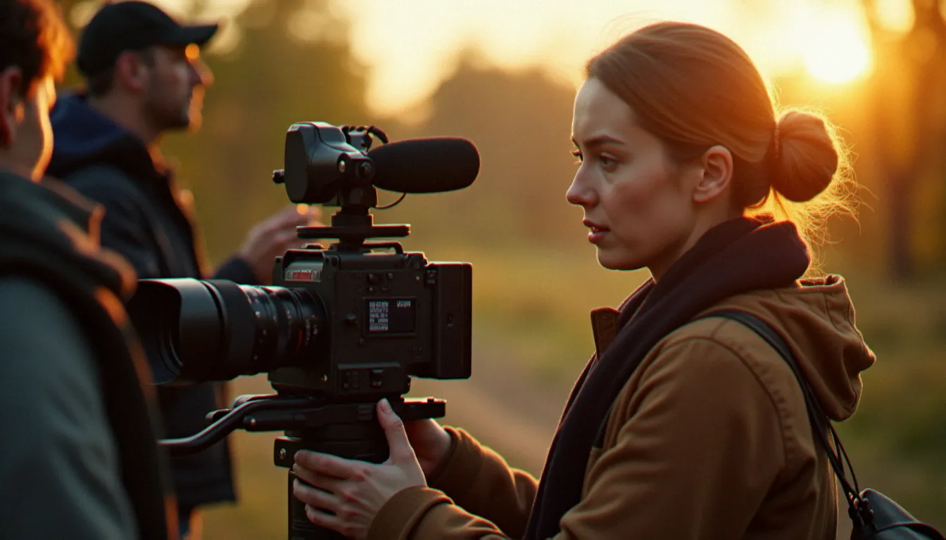 Une réalisatrice française dirigeant son équipe sur le tournage d'un film indépendant, illustration du passage à la mise en scène