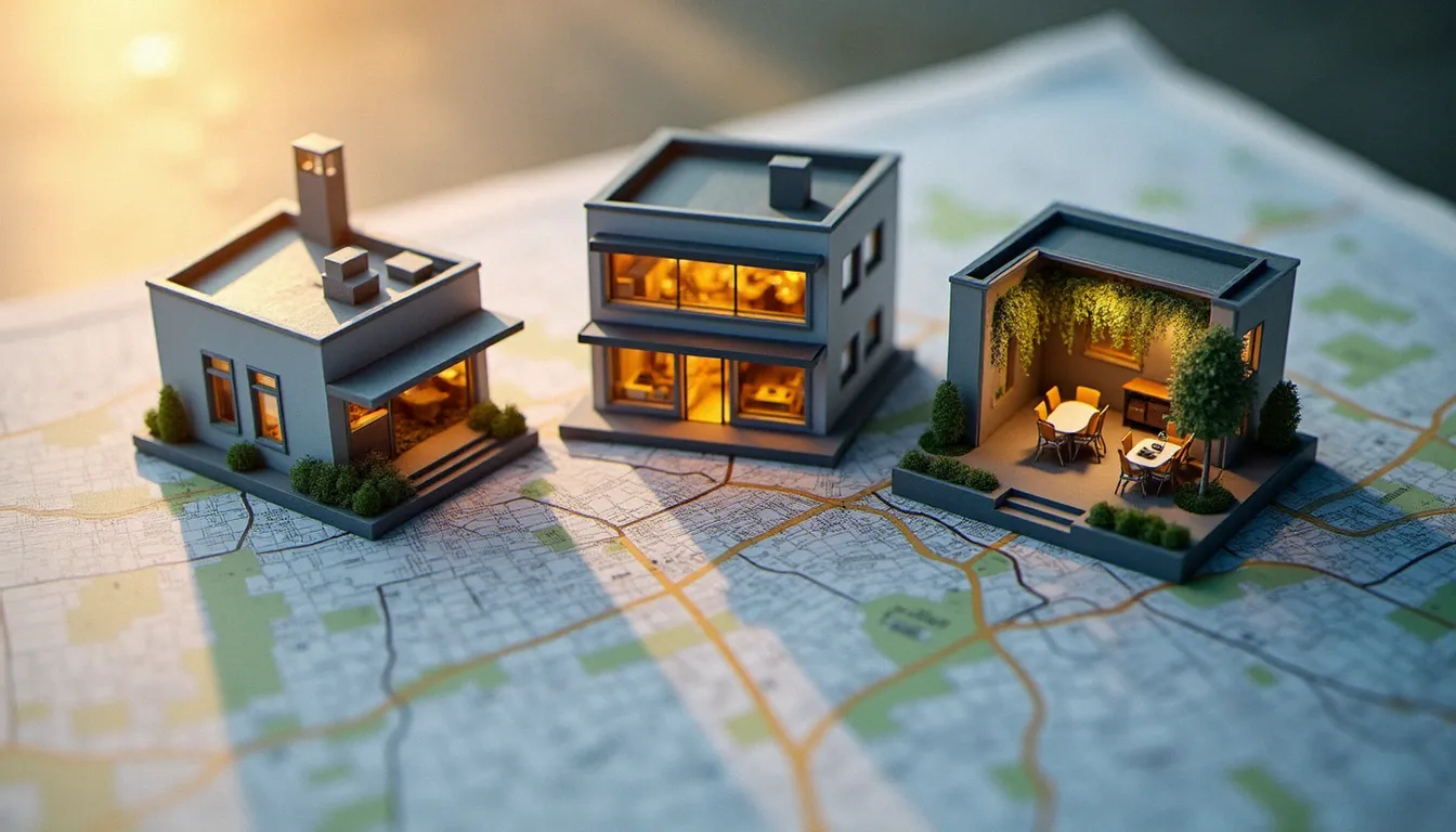 Vue aérienne de différents secteurs d'investissement pour un business avec 1 million, incluant immobilier commercial et espaces professionnels