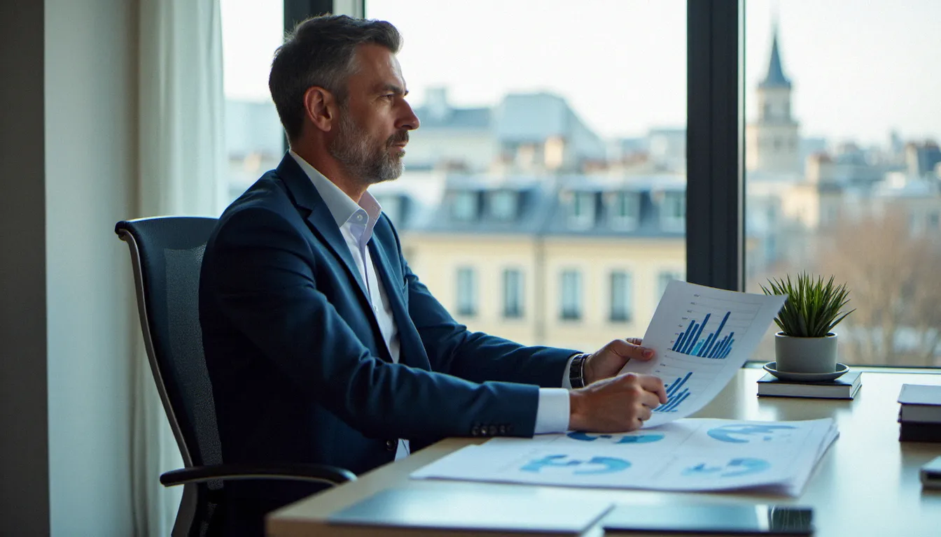 Entrepreneur en costume marine analysant des documents financiers dans un bureau moderne à Paris, illustrant la gestion d'un business avec 1 million d'euros