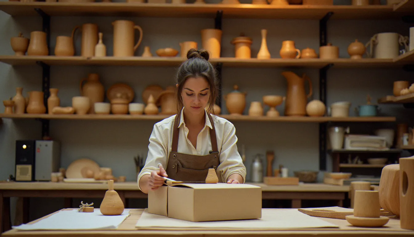 Artisane française préparant des commandes dans son atelier, représentant un business e-commerce de niche lancé avec un petit capital