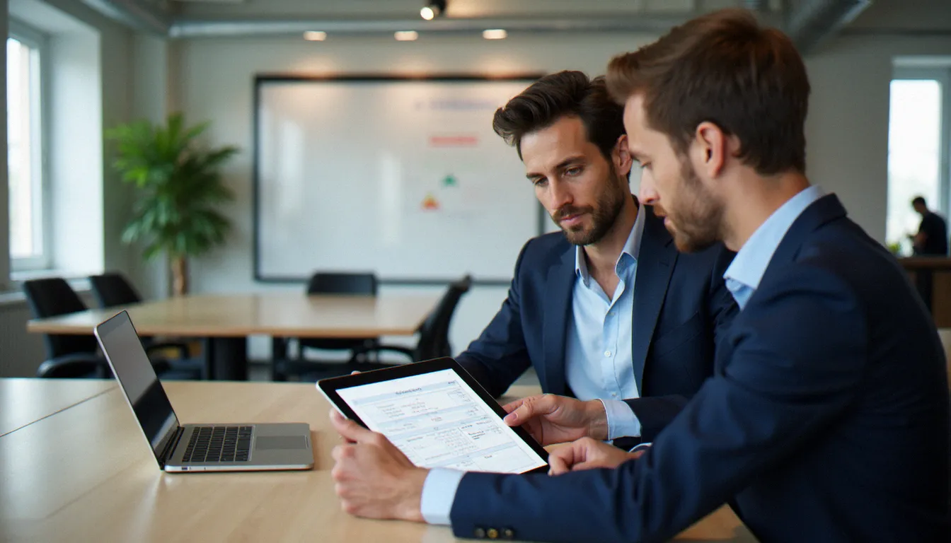 Deux entrepreneurs discutant de stratégies de financement complémentaires pour un business lancé avec 10000 euros dans un espace de coworking