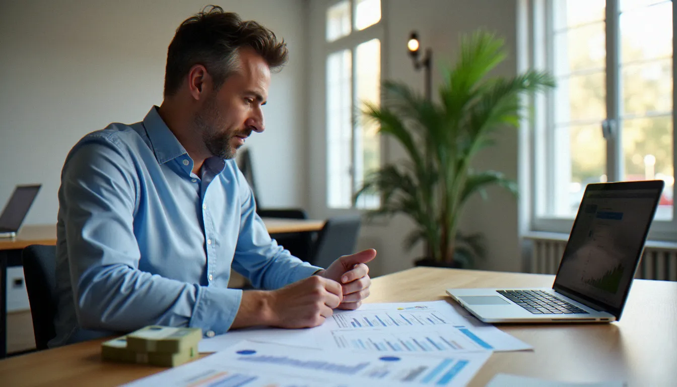 Entrepreneur analysant un plan d'affaires pour lancer un business avec 10000 euros dans un bureau moderne à Paris
