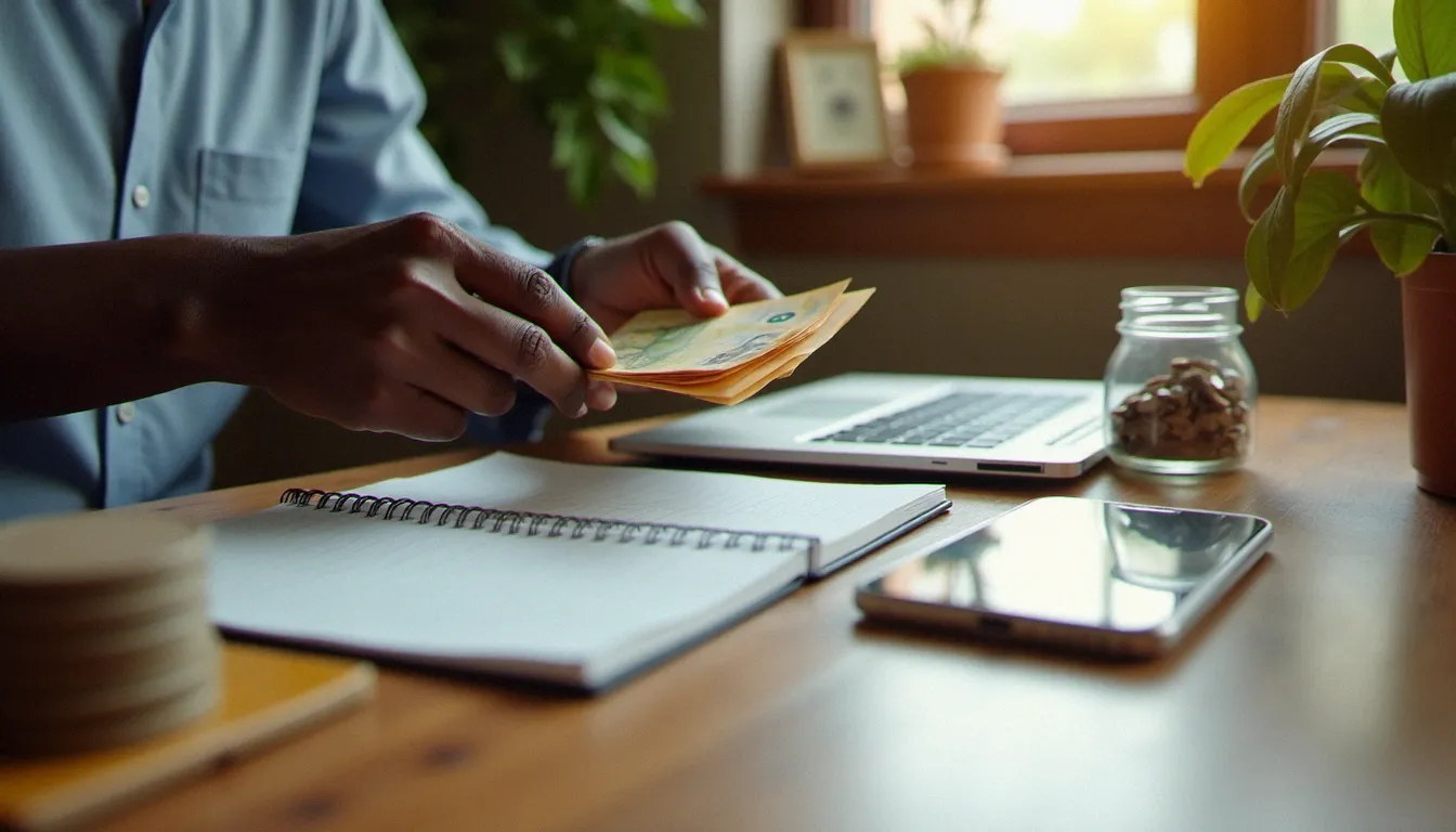 Mains d'un micro-entrepreneur comptant des billets de francs CFA et tenant une comptabilité manuscrite pour gérer un petit budget de business
