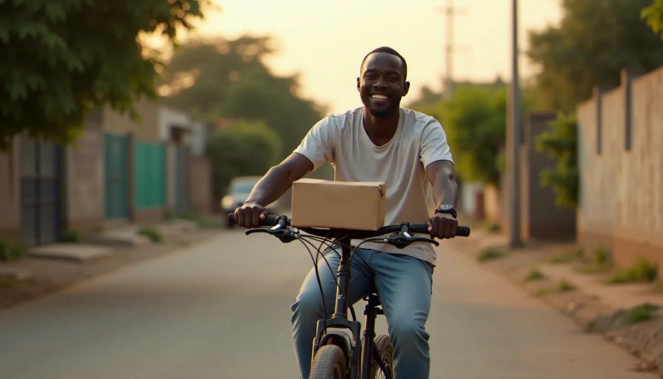Jeune entrepreneur africain effectuant une livraison à vélo dans un quartier résidentiel, exemple de service rentable à lancer avec un budget minimal