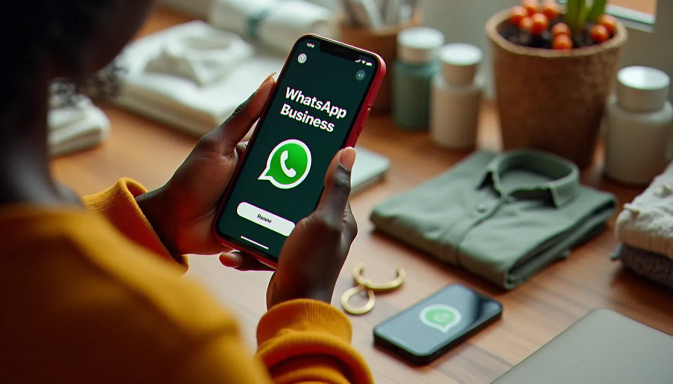 Vendeuse utilisant WhatsApp Business pour commercialiser ses produits en ligne, exemple de business digital avec un petit capital en Afrique de l'Ouest