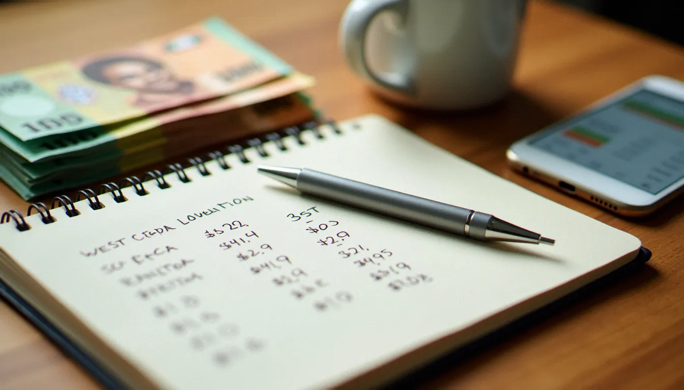 Carnet de comptes manuscrit et billets FCFA sur une table, représentant la gestion du budget d'un petit business