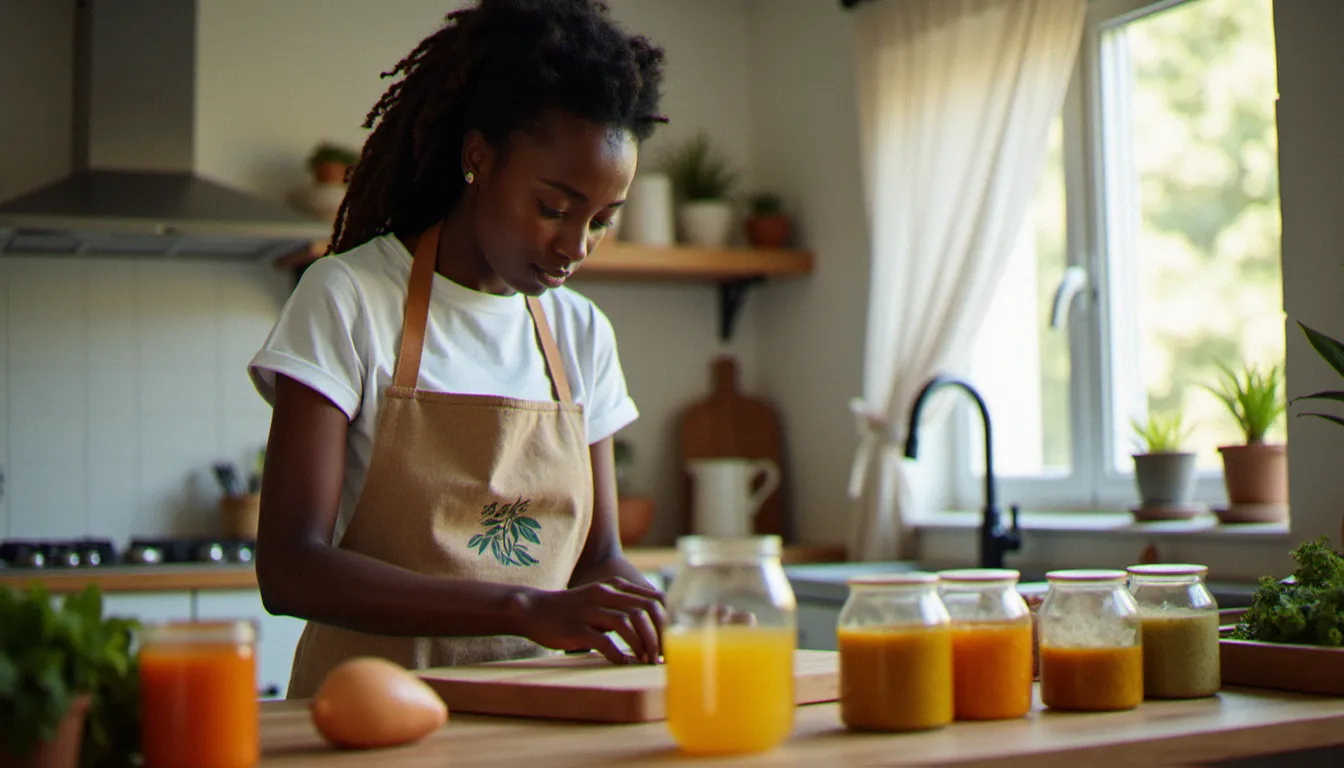 Femme entrepreneur préparant et conditionnant des produits alimentaires artisanaux chez elle pour son business avec un petit capital
