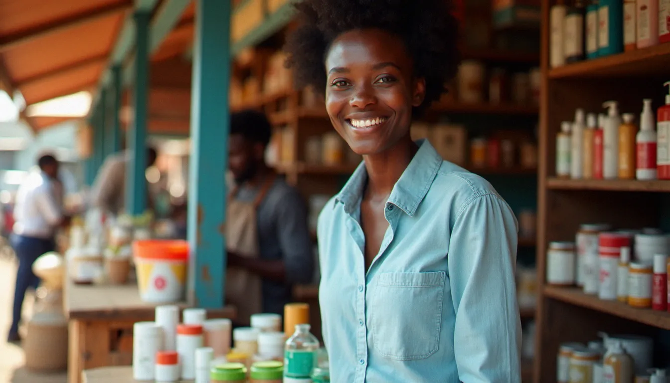 Jeune entrepreneur africain derrière un étal de marché bien organisé illustrant un business avec 100.000 FCFA