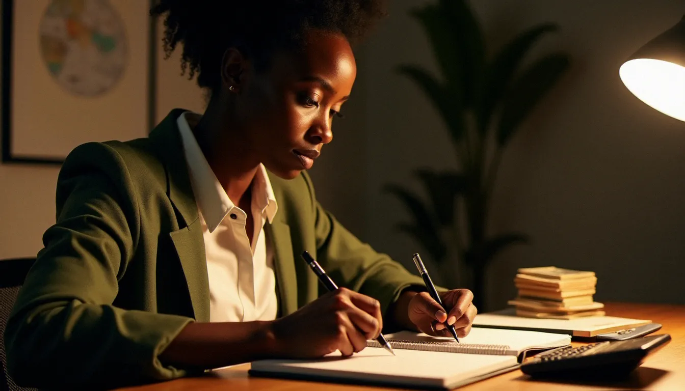Une entrepreneuse africaine en train de planifier son budget de démarrage de business avec 50000 FCFA, carnet et calculatrice sur un bureau en bois