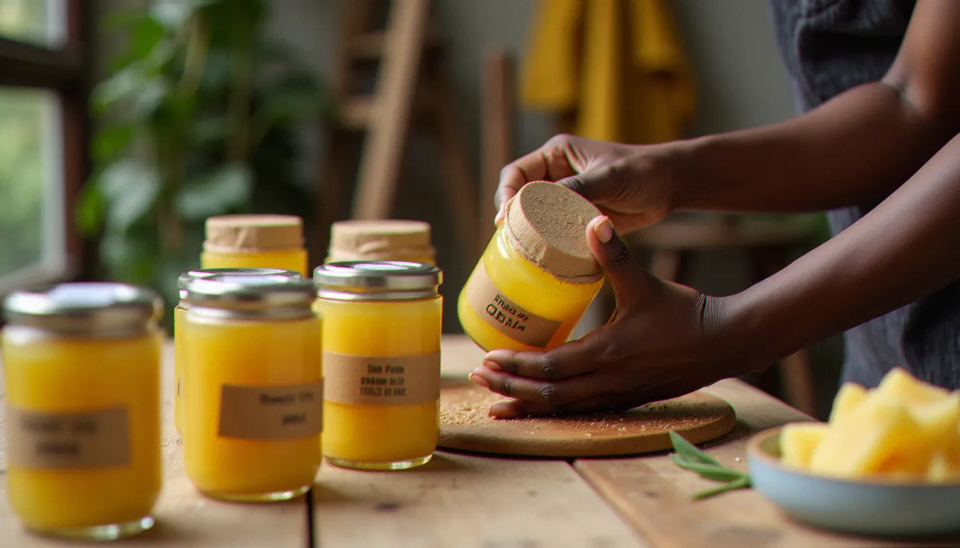 Femme entrepreneur en train de conditionner des produits de transformation agroalimentaire artisanale dans un atelier, représentant un secteur porteur pour un business avec petit capital
