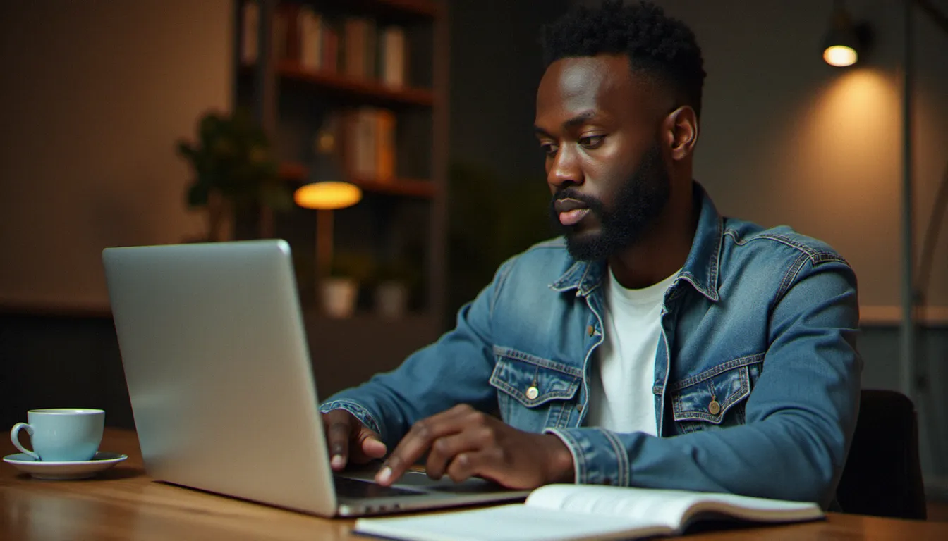 Entrepreneur africain consultant ses tableaux financiers sur ordinateur portable et cahier, illustrant le suivi rigoureux des indicateurs clés d'un business démarré avec 500 000 FCFA