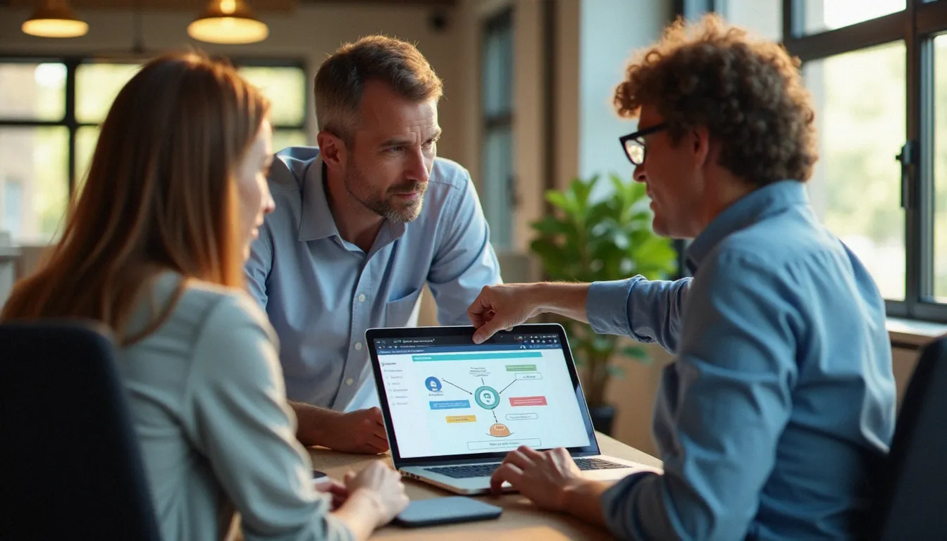 Équipe de PME collaborant autour d'un outil d'automatisation IA pour intégrer l'intelligence artificielle dans leur activité