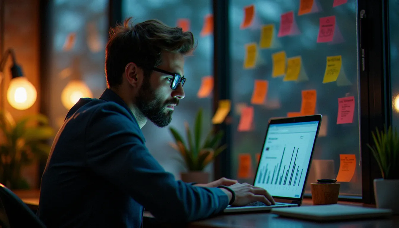 Entrepreneur élaborant une stratégie business avec l'IA sur tableau de post-its dans un bureau à domicile en soirée