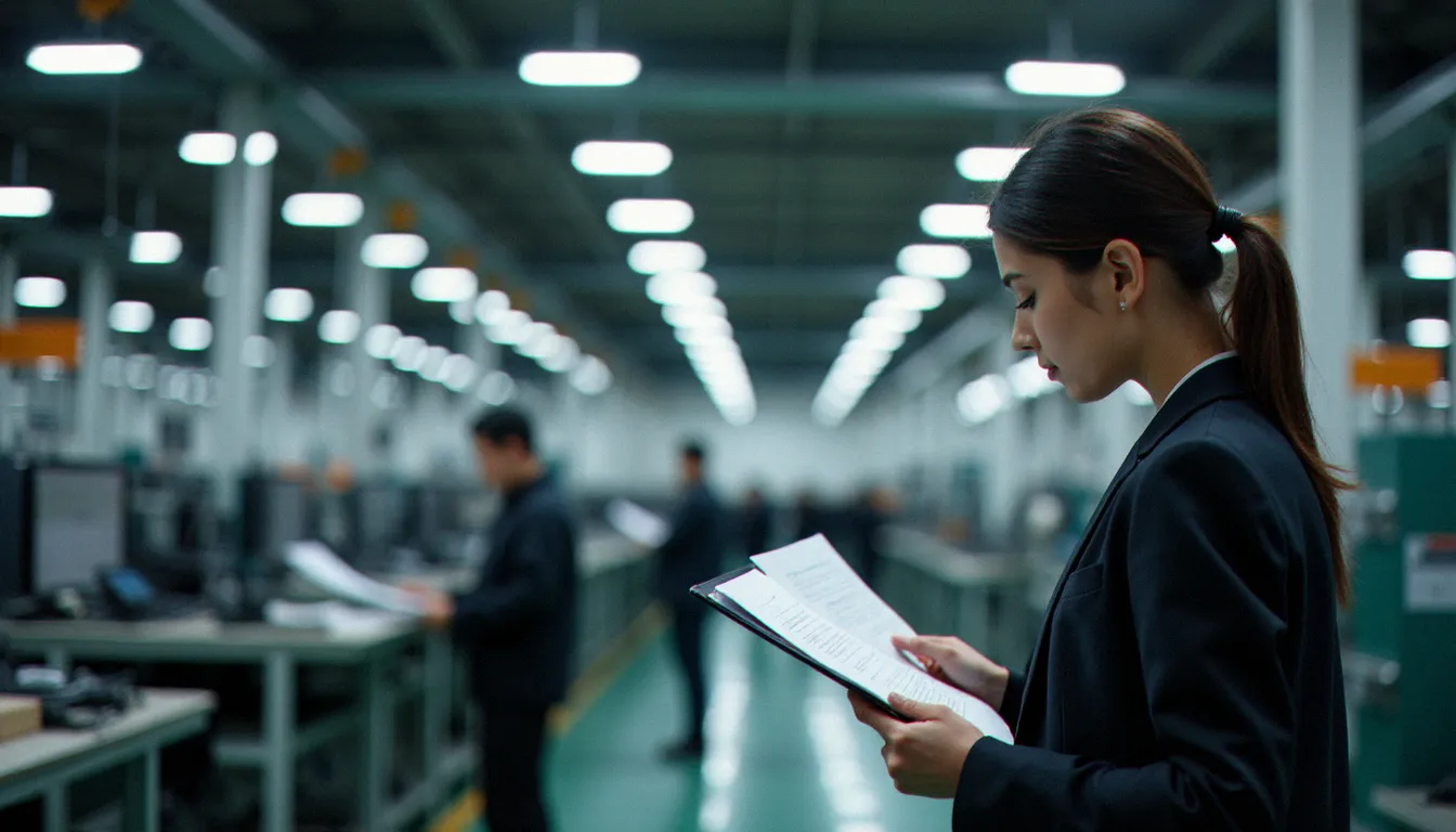 Dirigeante européenne effectuant un contrôle qualité dans une usine chinoise moderne, illustrant l'audit de fournisseur essentiel au business avec la Chine